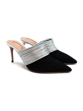Aquazzura Rendez-Vous Black Suede Silver Leather Mules