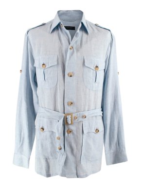 Canali Blue Linen Belted Utility Shirt Jacket