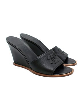 Chanel Black CC Leather Wedge Mules
