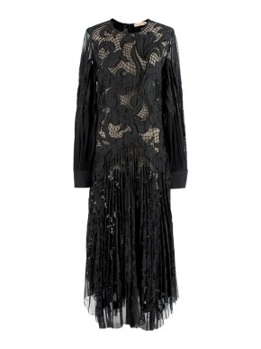 Tory Burch Black Floral Embroidered Pleated Dress