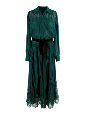 Luisa Spagnoli Green Velvet Trimmed Lace Pleated Dress