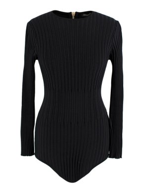 Balmain Black Ribbed Stretch Knit Bodysuit