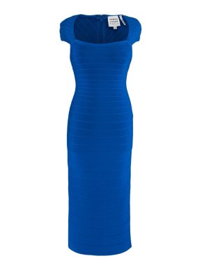 Herve Leger Blue Square Neck Stretch Bandage Midi Dress