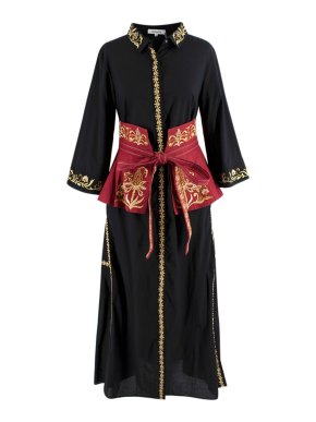 Svitlaya Black & Gold Embroidered Linen Dress with Red Obi Belt