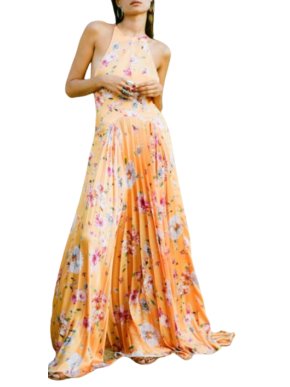 Galvan Floral Printed Pleated Satin Maxi Dress