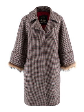 Houndstooth Raccoon Fur Cuff Cocoon Coat