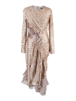 Preen by Thornton Bregazzi Gold Sequin Floral Printed Mesh Insert Draped Dress