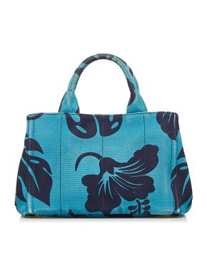 Prada Blue Floral Print Canapa Satchel
