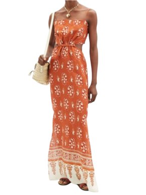 Johanna Ortiz Burnt Orange Arabian Fabel Linen Maxi Dress