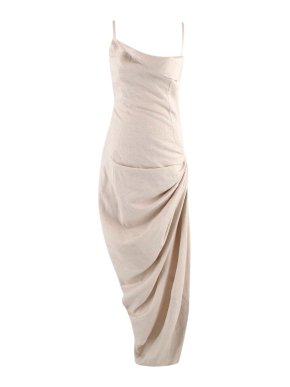 Jacquemus Saudade Beige Linen Blend Draped Maxi Dress
