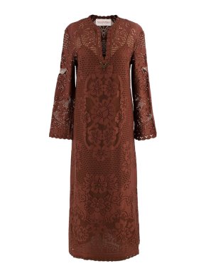 Valentino Garavani VLogo Plaque Brown Lace Knit Cotton Dress