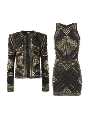 Balmain Black & Gold Studded Boucle Tweed Jacket & Dress