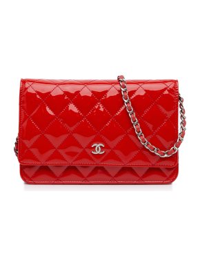 Chanel Red Patent Quilted Wallet On Chain