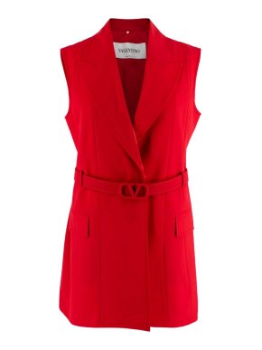 Valentino Garavani VLogo Belted Sleeveless Red Technical Garbadine Blazer