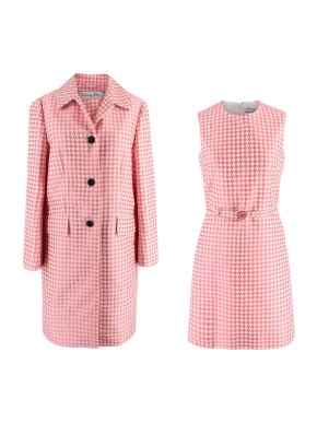 Dior Pink Houndstooth Cotton Intarsia Belted Dress & Coat