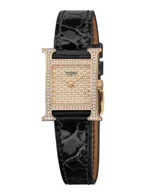 Hermes Rose Gold Pave Diamond Heure H watch, Small model, 25 mm