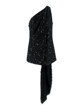 Chanel Sequin Embellished One-shoulder Tweed Draped Top