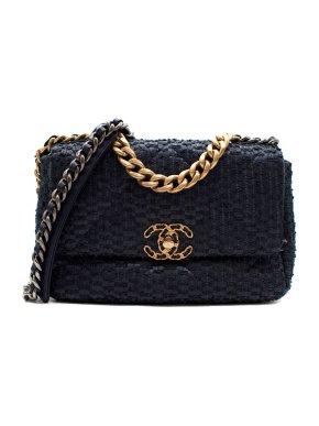 Chanel Navy Raffia Effect Braided Tweed 19 Bag