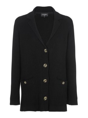 Chanel Black Ribbed Cotton Knit Long Line Cardigan