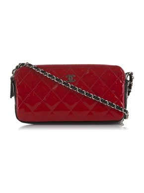 Chanel Patent Quilted CC Double Zip Wallet on Chain