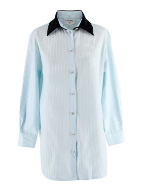 Chanel Velvet Collar Blue Striped Cotton Shirt