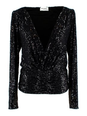 Saint Laurent Deep V Neck Black Sequinned Blouse