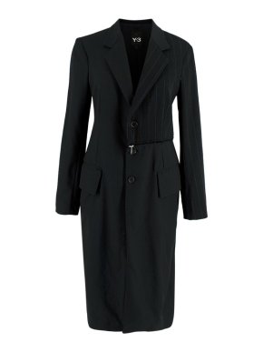 Yohji Yamamoto Y-3 Pinstriped Zip Panelled Long Black Wool Coat