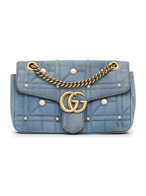 Gucci Denim Matelasse Pearl Studded Small GG Marmont Shoulder Bag