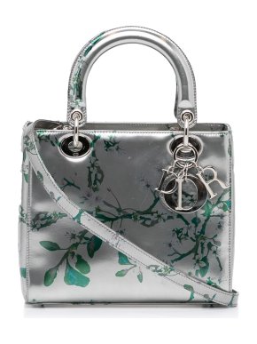 Floral Printed Silver Patent Medium Lady Dior Bag