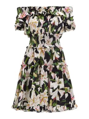Dolce & Gabbana Sicily Floral Printed Off Shoulder Cotton Dress