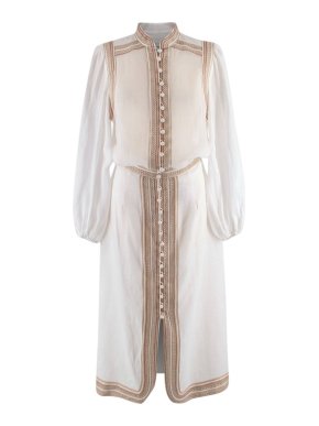 Zimmermann White Embroidered Trim Linen Shirt & Skirt Set