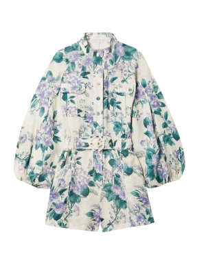 Zimmermann Cassia Floral Printed Linen Belted Playsuit