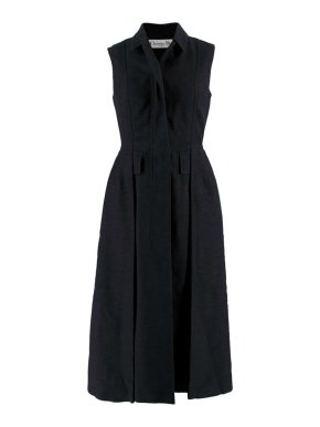 Dior Dark Grey Heavy Silk Zip Up Pleated Dress