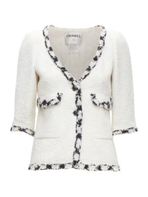 Chanel Contrast Braided Trim Ecru Tweed Jacket