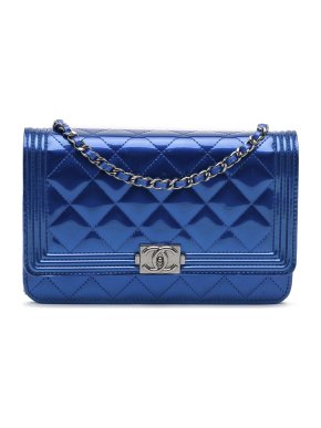 Chanel Metallic Blue Patent Quilted Boy Wallet on Chain