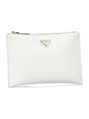 Prada White Saffiano Leather Zip Pouch