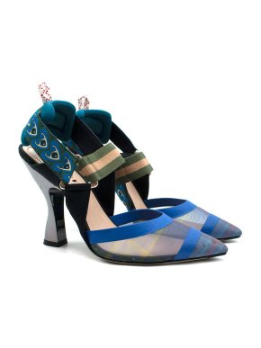 Fendi Blue Colibri Mesh Panelled Slingback Pumps