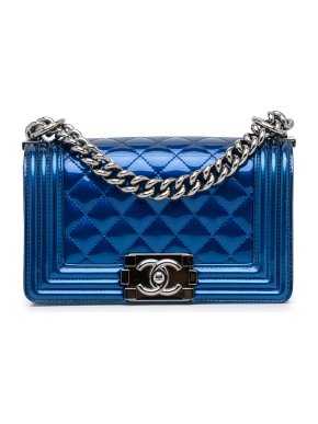 Chanel Metallic Blue Patent Quilted Small Boy Flap Bag