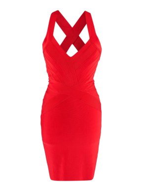 Herve Leger Red Stretch Bandage Cross Strap Dress