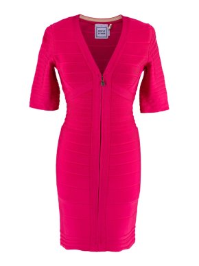 Herve Leger Pink Stretch Bandage V-Neck Zipped Dress
