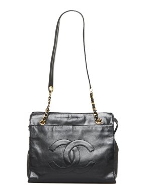 Chanel CC Stitched Black Leather Shopping Tote