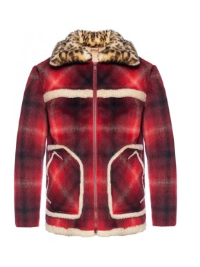 No.21 Leopard Printed Collar Tartan Shearling Jacket