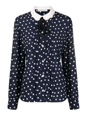Alessandra Rich Lace Trimmed Pleated Polka Dot Silk Blouse