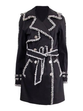 Chanel Chain Tweed Trimmed Black Trench Coat