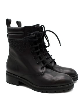 Bottega Veneta Black Intrecciato Trimmed Combat Boots