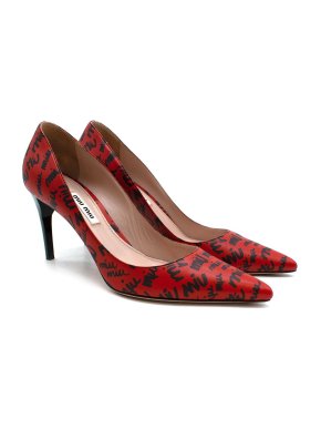 Miu Miu Script Printed Red Leather Pumps