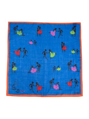 Drakes Blue Dancer Print Wool and Silk Blend Pocket Square