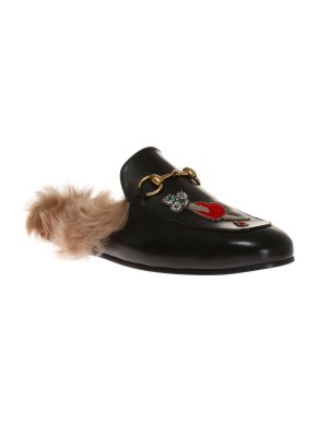 Gucci Princetown Fur Lined Embroidered Horsebit Mules