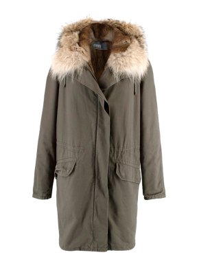 Yves Salomon Army Khaki Cotton Rabbit & Coyote Fur Lined Parka