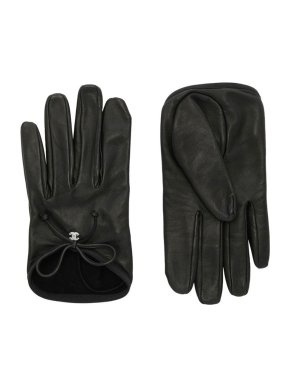 Chanel CC Bow Black Leather Gloves - Size 8.5